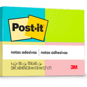 Bloco de Notas Adesivas Post-it 4 Cores Neon - 4 Blocos de 38 mm x 50mm - 100 Folhas - PT 4 UN